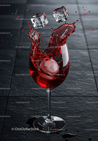 Red drink splashing with ice cubes in wine glass