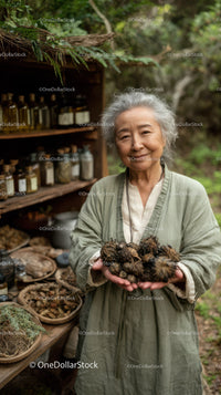 Elderly Woman with Herbal Roots in Rustic Outdoor Herbal Shop