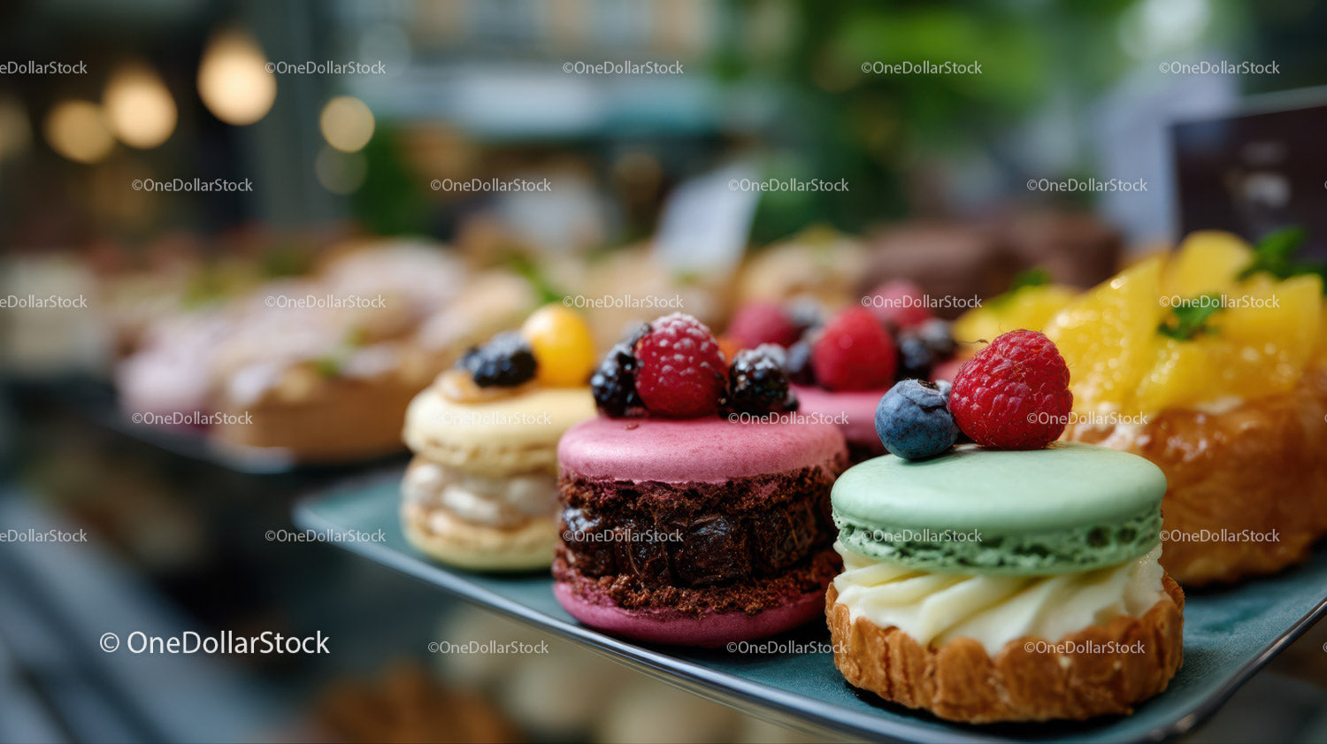 Colorful Assorted Macarons with Berry Toppings on Elegant Pastry Display