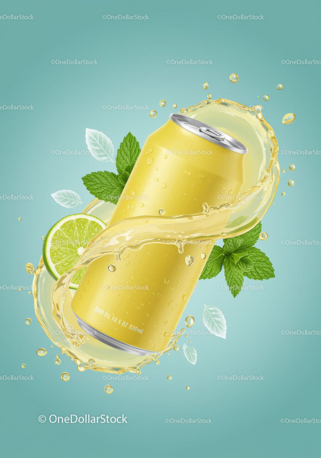 Refreshing yellow soda can with lime and mint splash