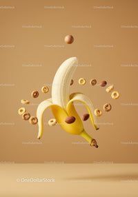 Peel banana surrounded by breakfast cereal and nuts