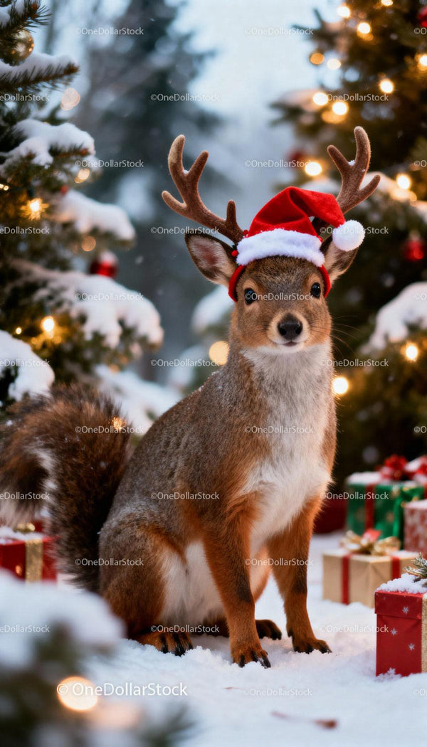 Squirrel Wearing Santa Hat and Reindeer Antlers in Snow