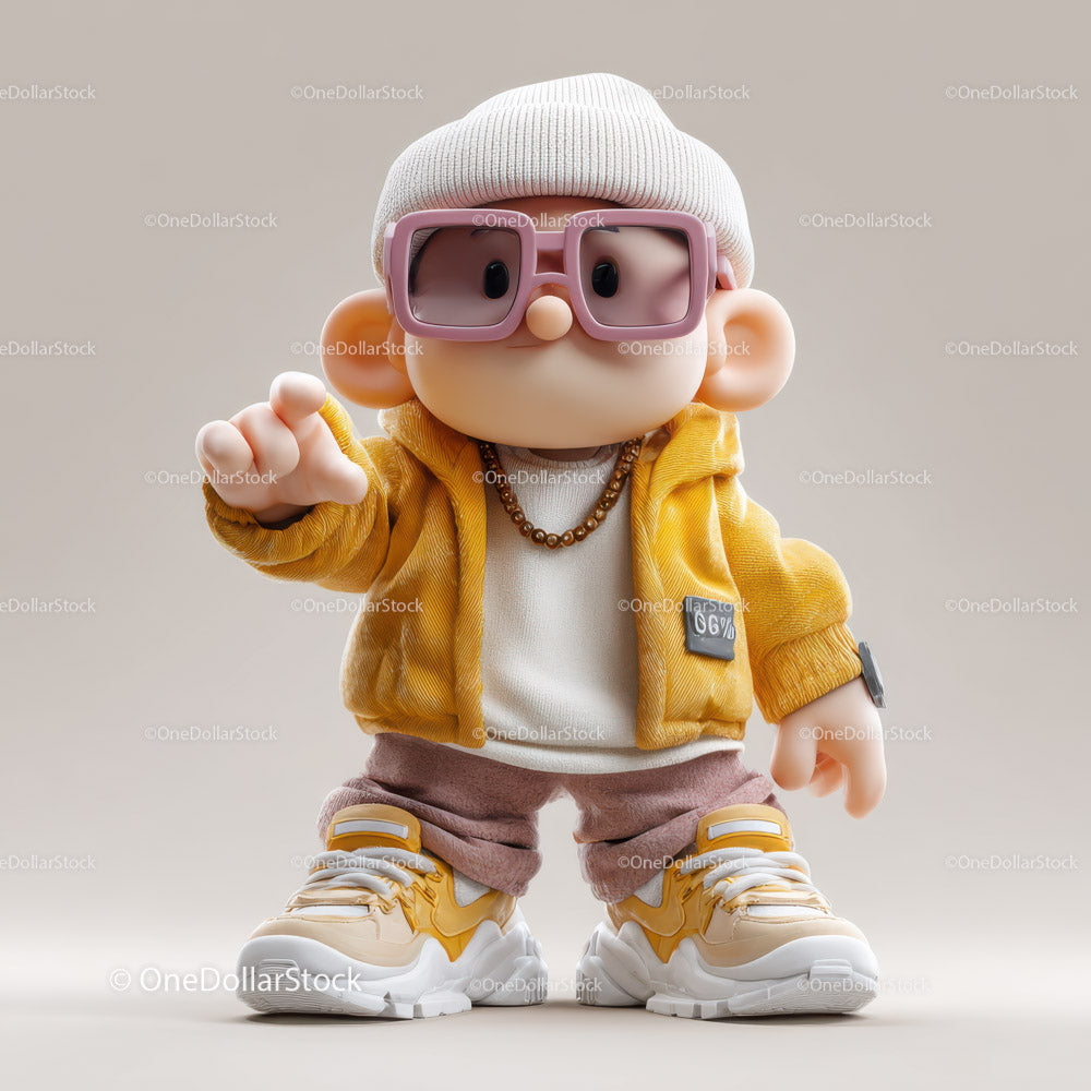 Cute Kid Toy with Large Glasses in Urban Streetwear Fashion