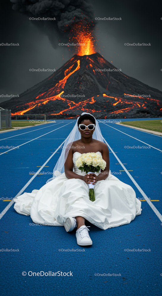 Bride in Wedding Dress Amidst Erupting Volcano