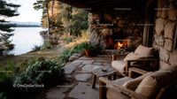 Rustic Lakeside Porch with Fireplace and Scenic Water View