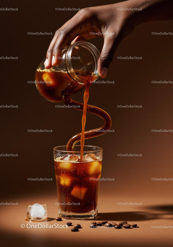 Pouring Cold Brew Coffee Over Ice Cubes in Glass