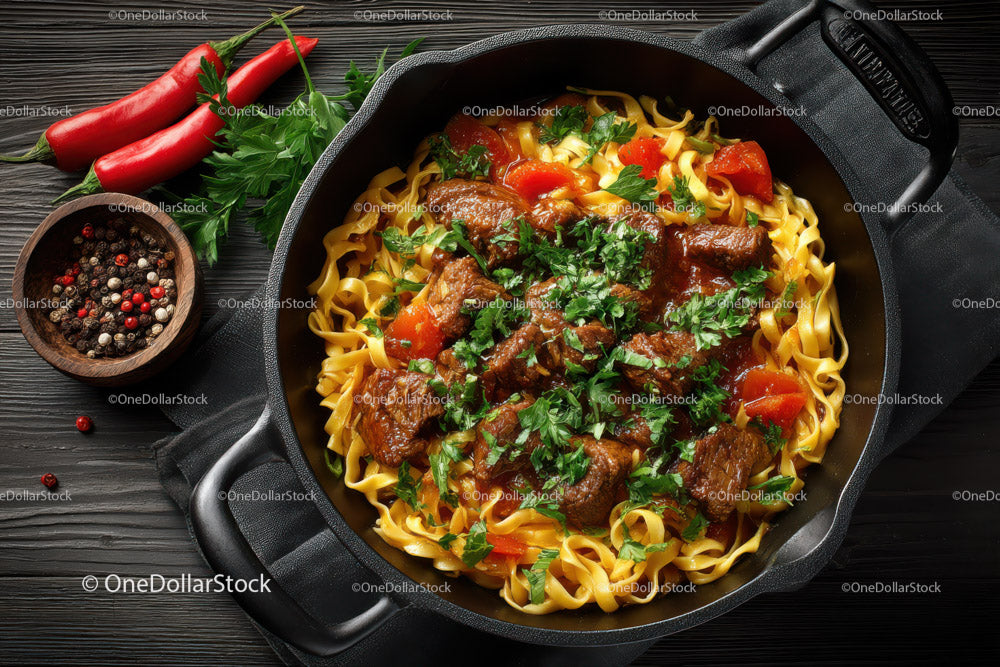 Beef and Mushroom Pasta in a Cast Iron Skillet with Cherry Tomatoes
