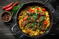 Beef and Mushroom Pasta in a Cast Iron Skillet with Cherry Tomatoes