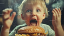 Young boy about to eat a burger with fries in a joyful mood