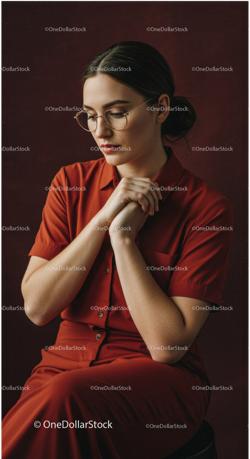 Zamyślona kobieta w czerwonej sukience i okularach, portret studyjny