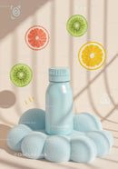 Minimalist Blue Bottle on Soft Cloud with Fruit Slices