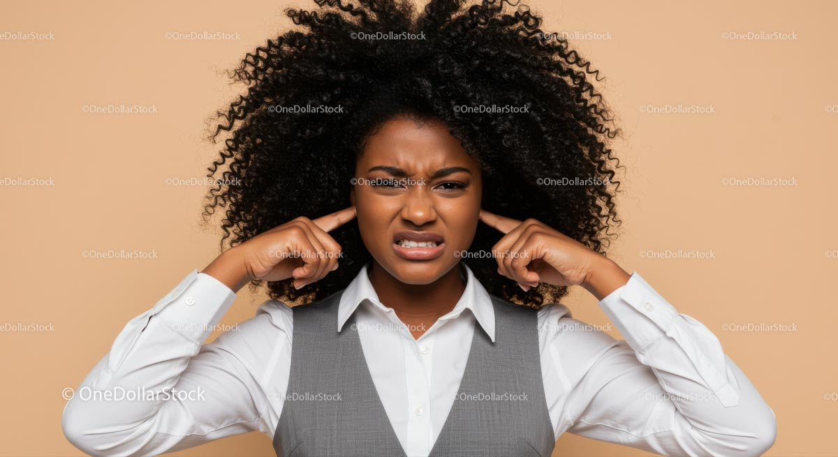 Frustrated Woman Covering Her Ears Expressing Annoyance or Distrust