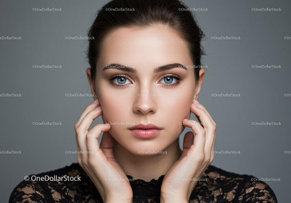 Portrait of a Beautiful Woman with Blue Eyes and Natural Makeup