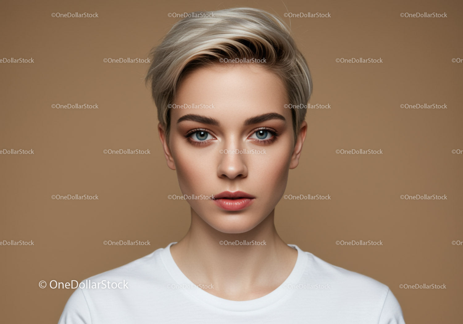 Close-up Portrait of Young Woman with Blonde Hair and Blue Eyes