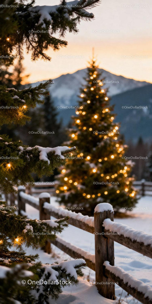 Winter Landscape with Snowy Trees and Warm Christmas Lights