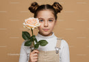 Young Girl Holding Beautiful Peach Rose Portrait on Beige Background