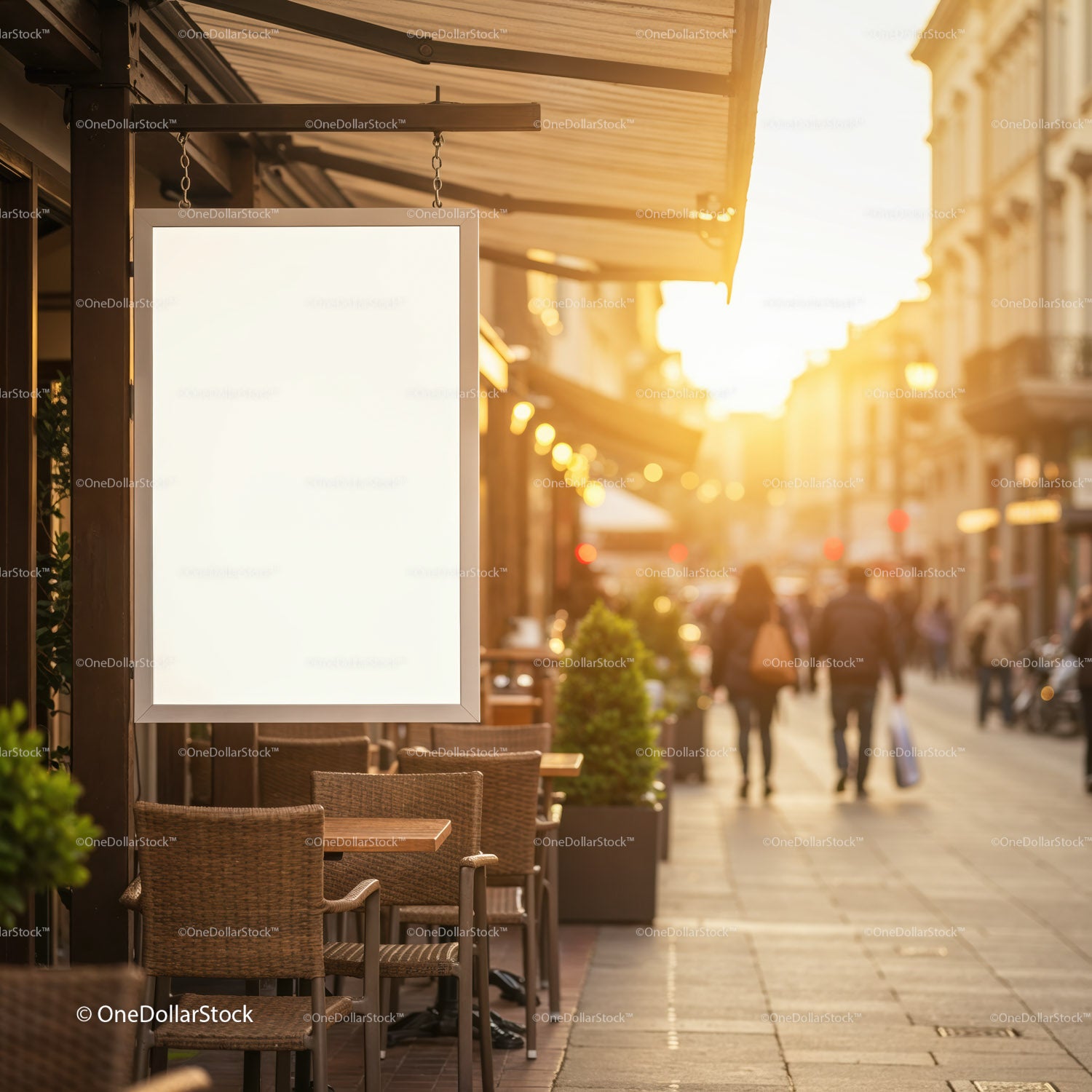 Empty outdoor cafe seating and blank street sign at sunset