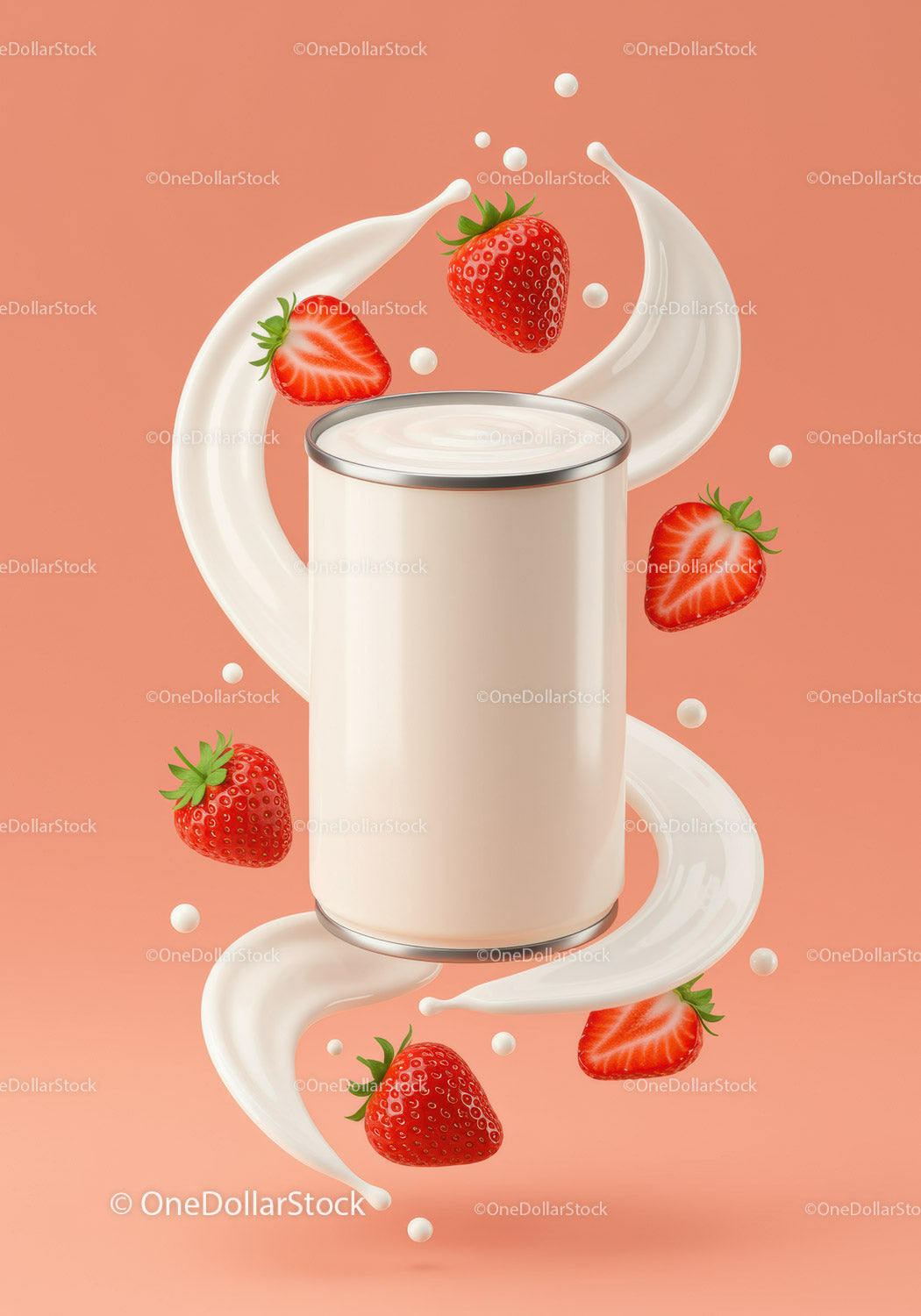 Fresh strawberries and creamy yogurt swirl on peach background