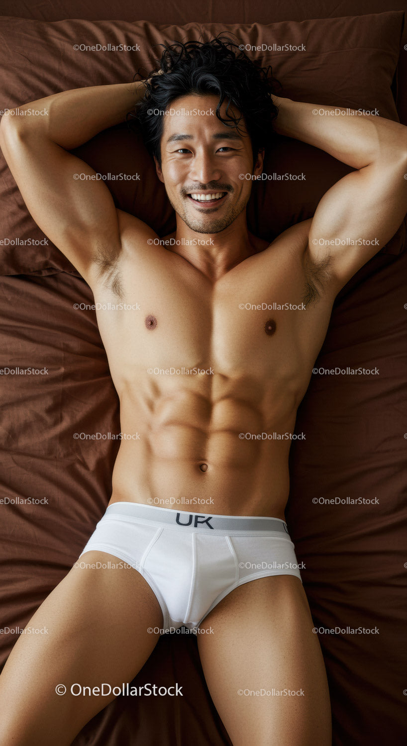 Smiling fit man lying relaxed on brown bed linens