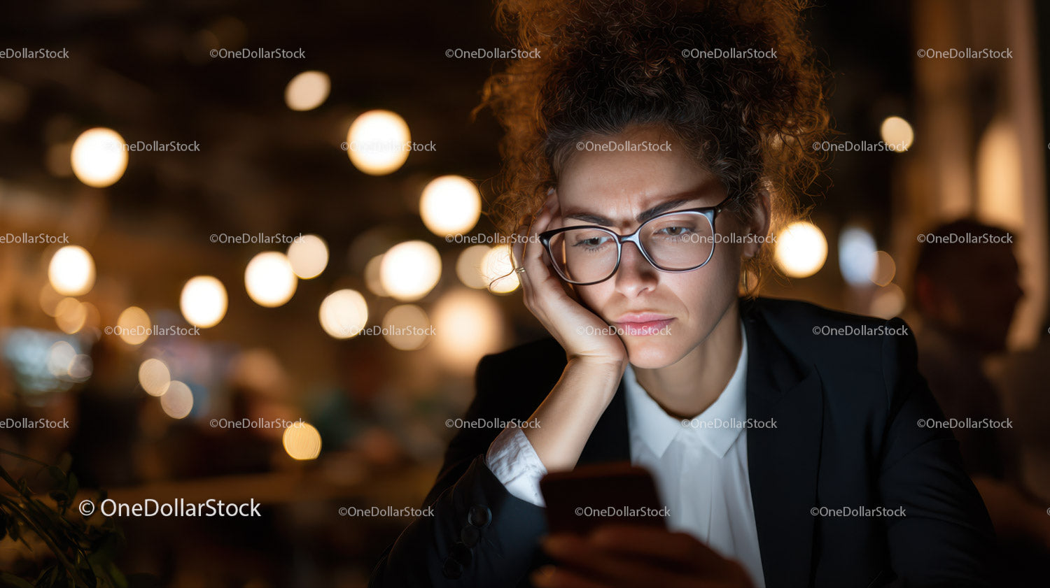 Woman with Glasses Looking at Smartphone in Indoor Cafe