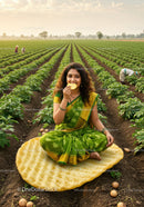 Woman Enjoying Traditional Snack in Potato Field Sunrise