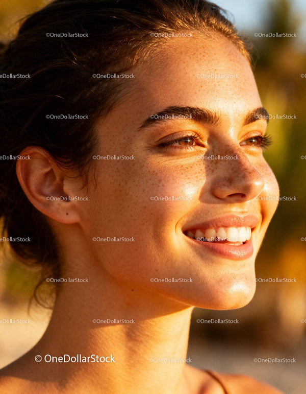 Close-up of a smiling young woman enjoying golden hour light