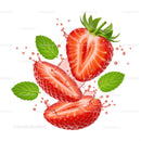 Fresh strawberry halves splashing with mint leaves