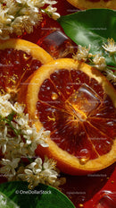 Vivid Blood Orange Slices with Ice Cubes and Jasmine Flowers
