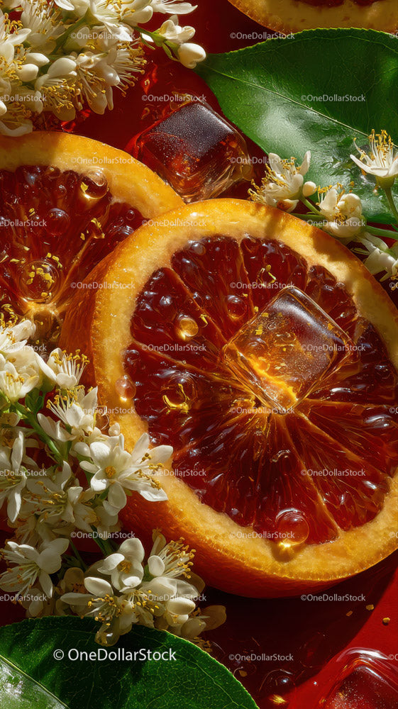 Vivid Blood Orange Slices with Ice Cubes and Jasmine Flowers