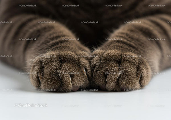 Close up of relaxed tabby cat paws on white surface