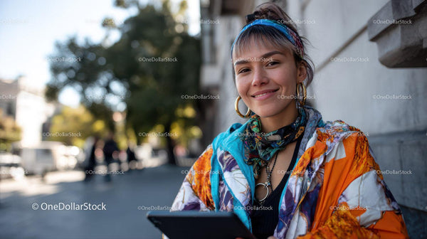 Young Woman Smiling in Colorful Jacket Outdoors City Street