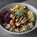 Colorful Quinoa Bowl with Vegetables Chickpeas Microgreens and Dressing