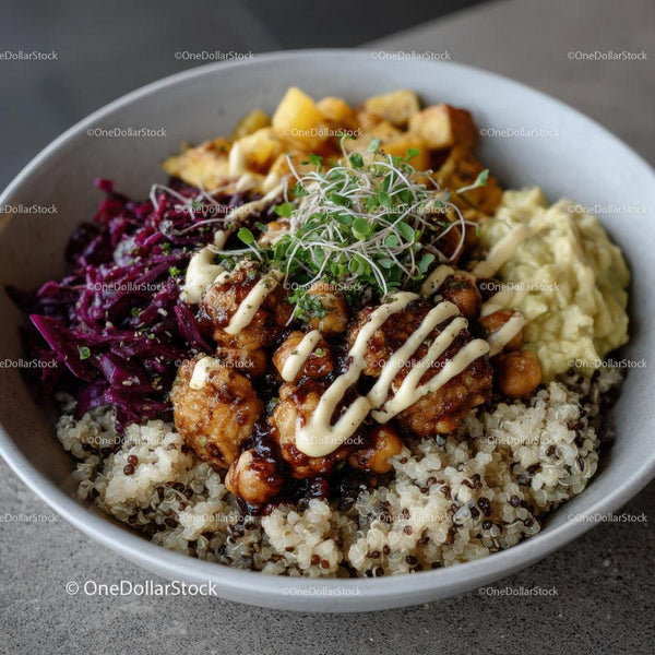 Colorful Quinoa Bowl with Vegetables Chickpeas Microgreens and Dressing
