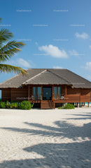 Tropical Beachside Bungalow Overlooking Crystal Clear Water and Sandy Shore