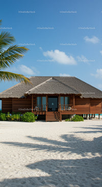 Tropical Beachside Bungalow Overlooking Crystal Clear Water and Sandy Shore