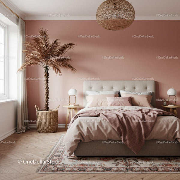 Stylish Bedroom with Pink Accent Wall and Cozy Bedding