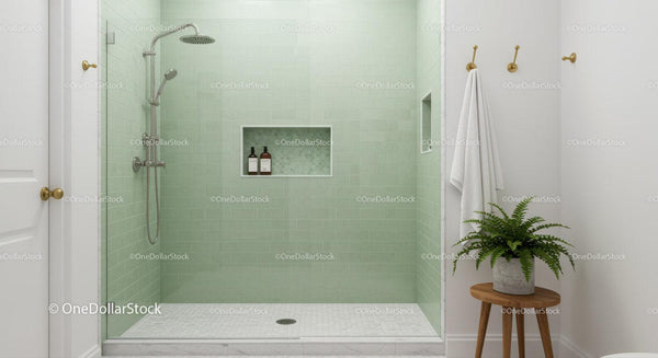 Modern bathroom shower with green tiled walls and plant