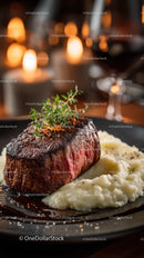 Juicy Ribeye Steak with Mashed Potatoes and Fresh Herbs