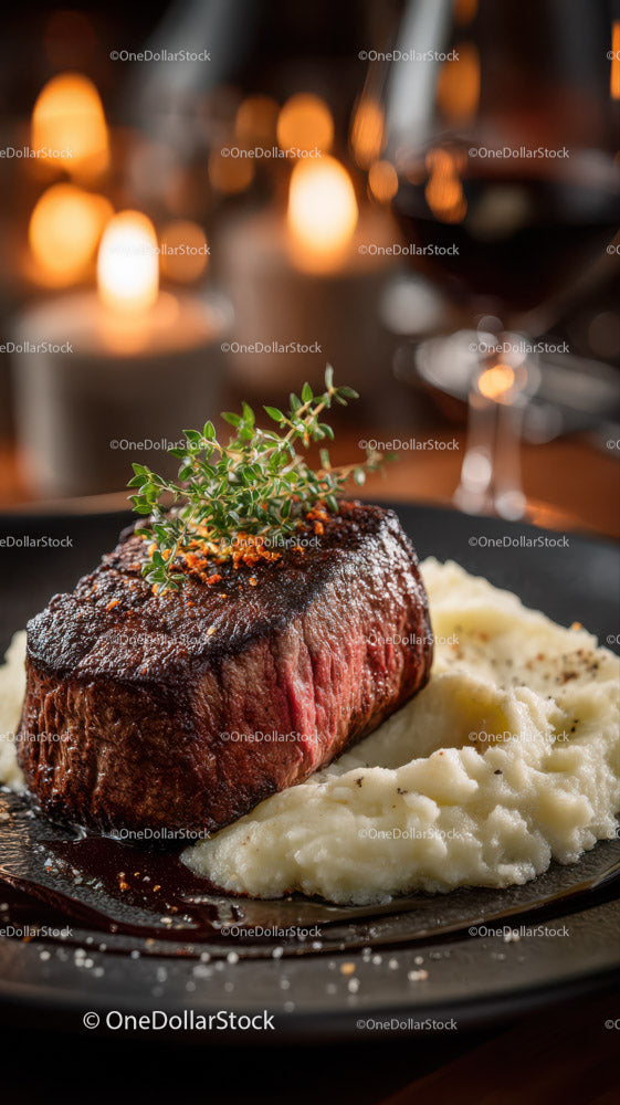 Soczysty stek Ribeye z puree ziemniaczanym i świeżymi ziołami