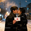 Young couple sharing a kiss with love letter in winter
