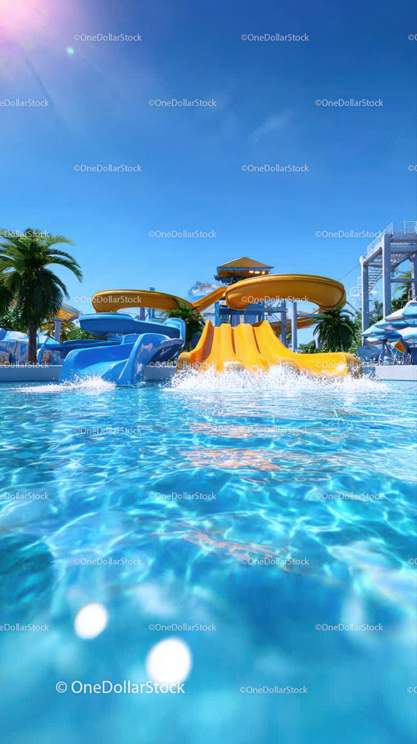 Kolorowa zjeżdżalnia wodna i basen w Sunny Tropical Water Park