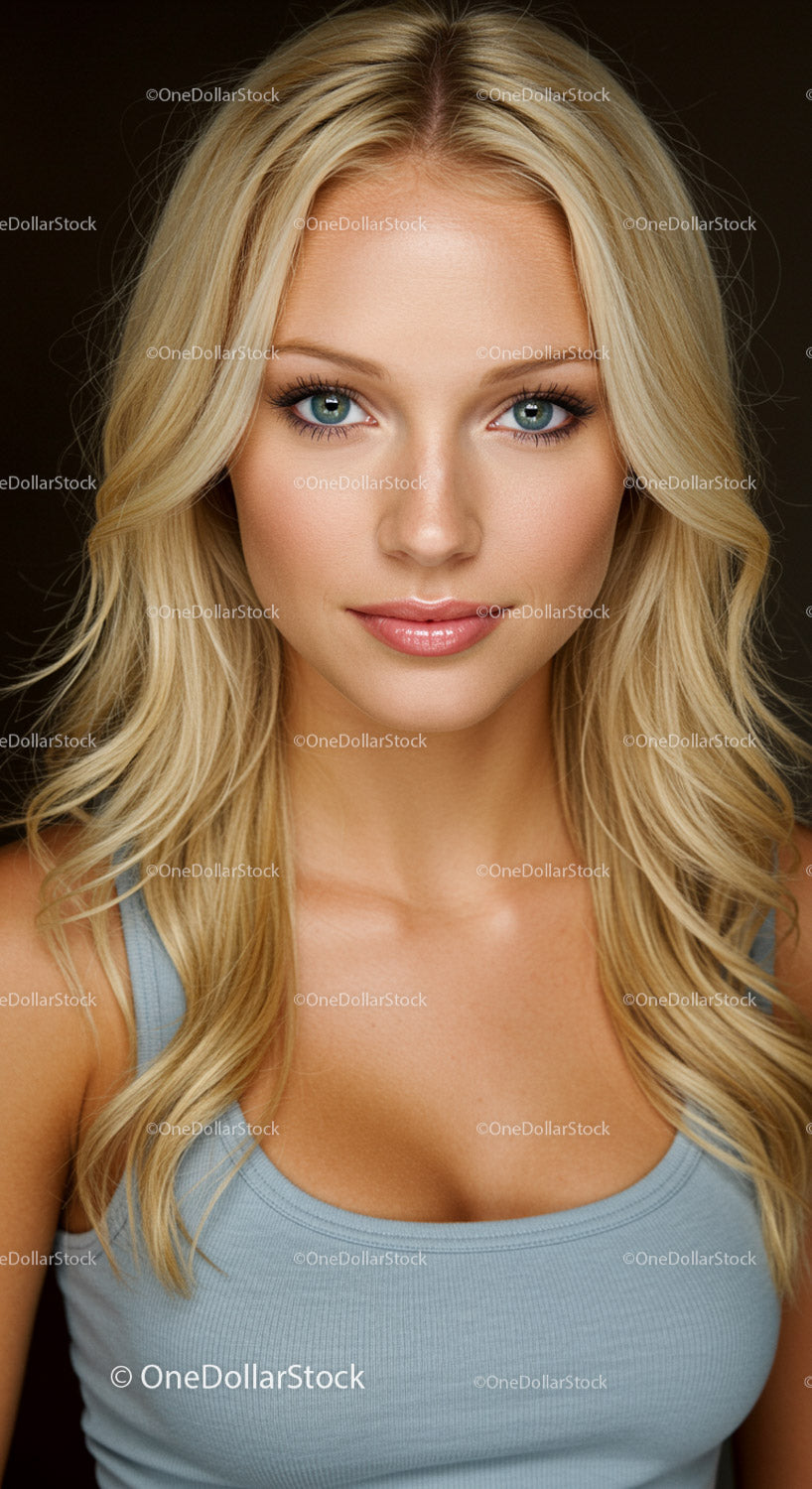 Elegant woman with flowing blonde hair and blue eyes