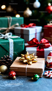 Festive holiday gifts with ornaments and Christmas decorations