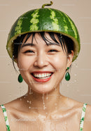 Joyful woman with watermelon helmet and water droplets