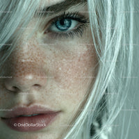 Close-Up Portrait of a Woman with Blue Eyes and Freckled Skin