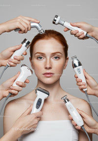Young Woman Receiving Facial Skin Treatment with Multiple Skincare Devices