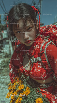 Youthful Woman in Red Floral Dress with Short Hair Outdoors
