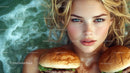 Young Woman With Blue Eyes Holding Cheeseburgers in Water
