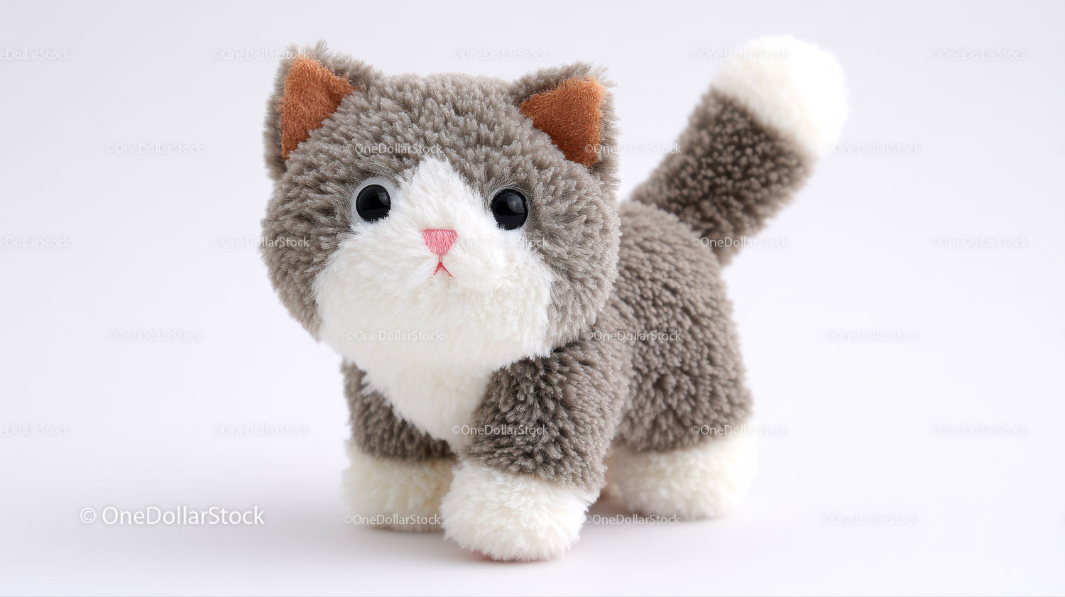 Cute Plush Cat Toy with Large Black Eyes and Pink Nose