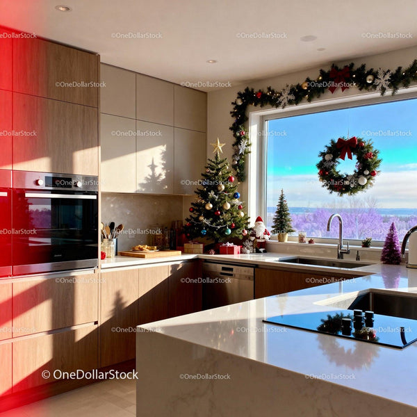 Modern kitchen with festive Christmas decorations and view